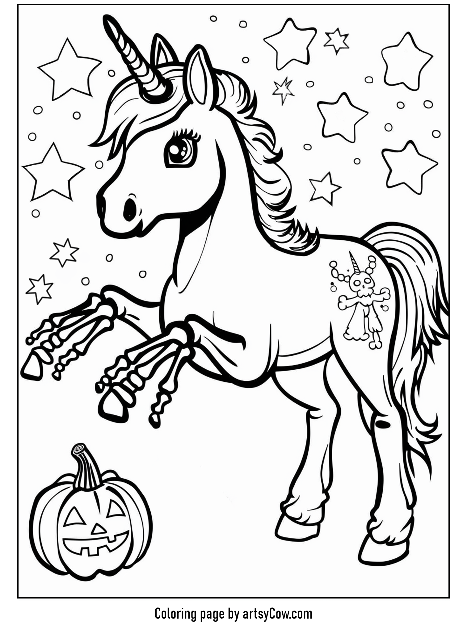 halloween coloring pages with unicorn featuring a unicorn and spooky skeleton hands.